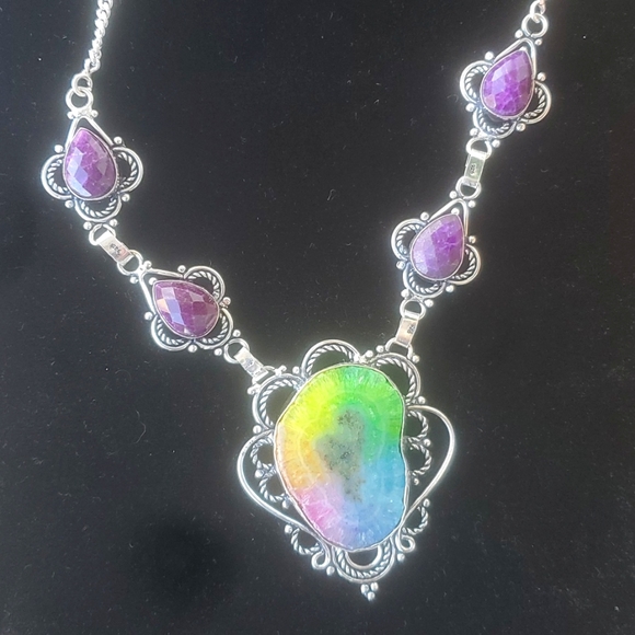 New Rainbow Solar Quartz Agate and Amethyst 925 Silver Necklace. - Picture 2 of 8